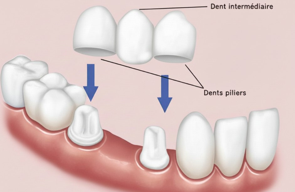 Schéma explicatif d'un bridge dentaire traditionnel