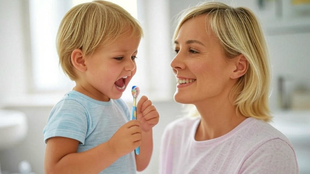Parent aidant un jeune enfant à se brosser les dents de lait correctement devant un miroir.