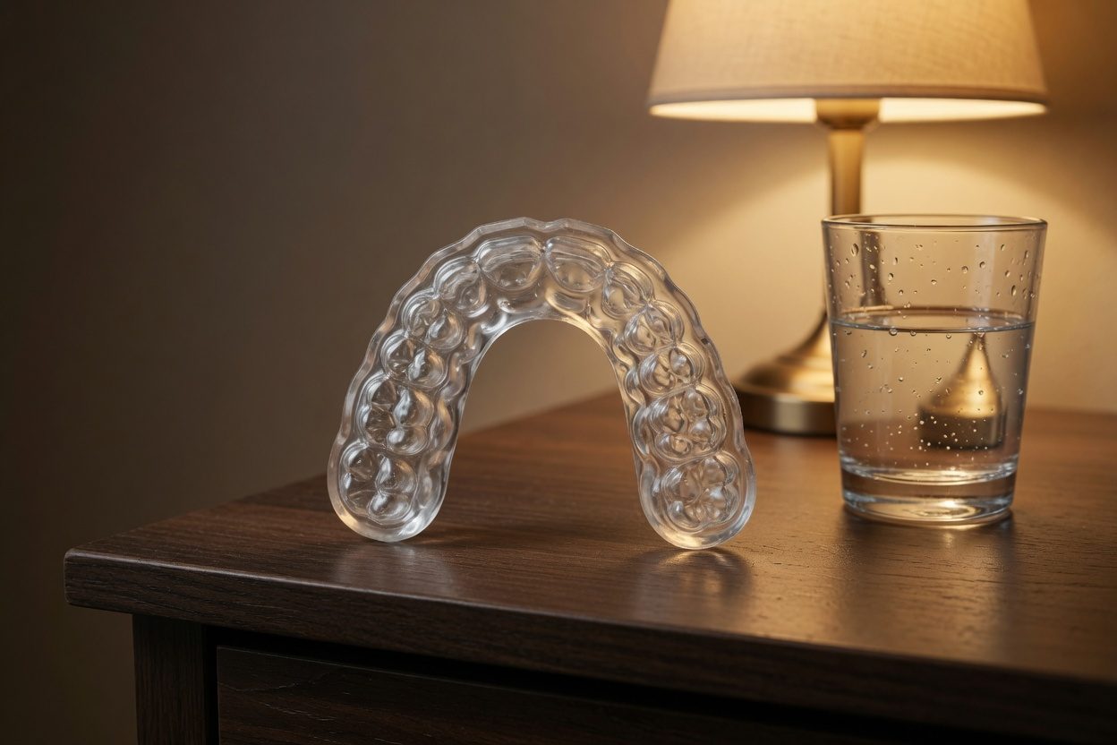 Gouttière de nuit sur mesure posée sur une table de chevet