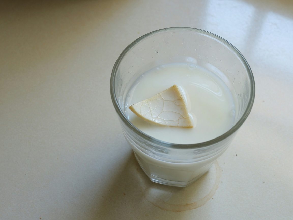 Morceau de dent conservé dans un verre de lait