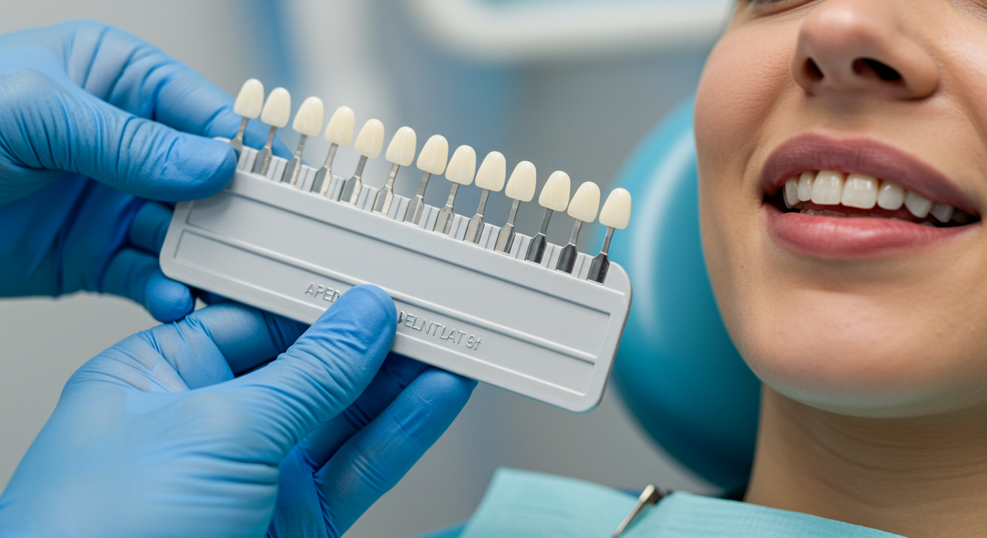 Dentiste présentant à un patient des teintes pour un bonding dentaire.