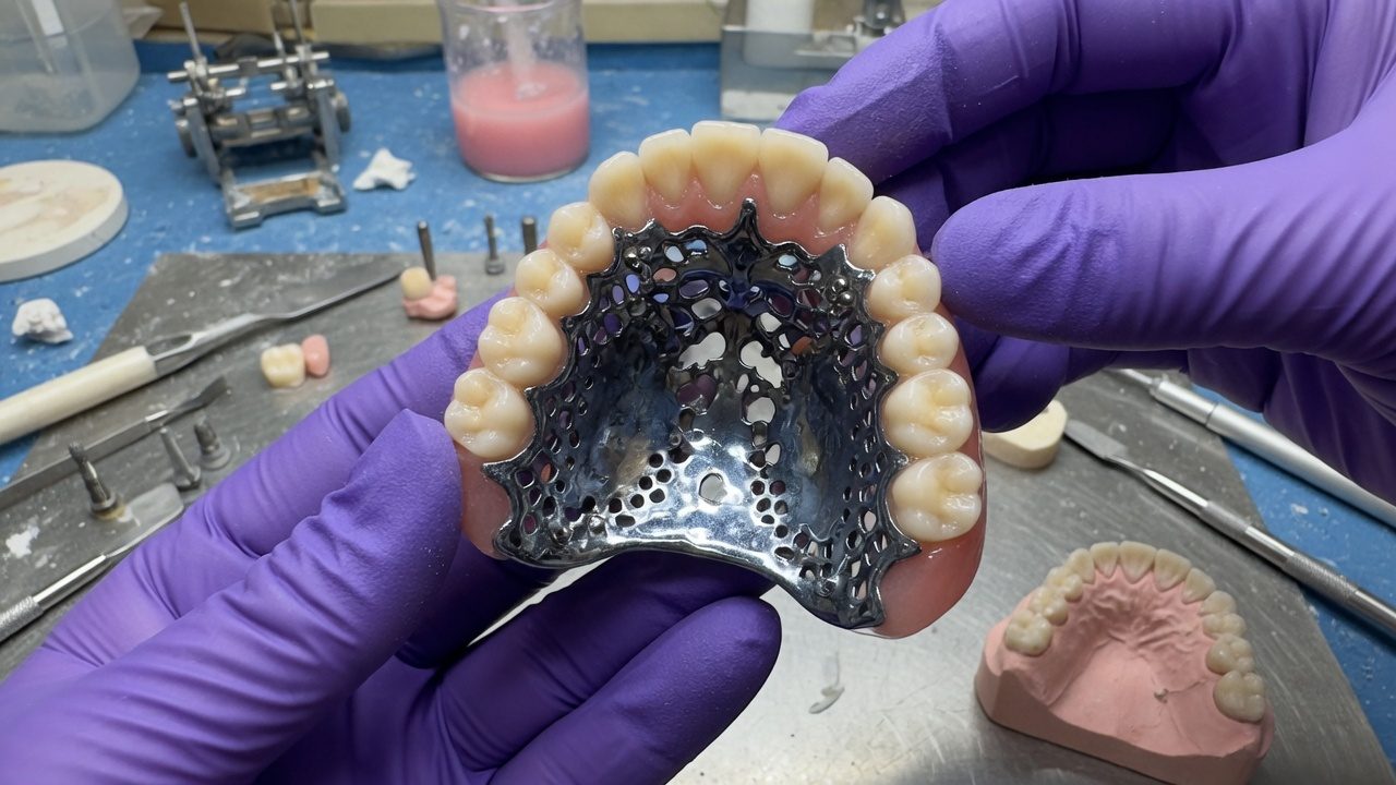 Dentier avec palais métallique en laboratoire