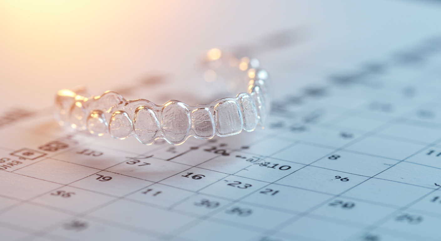 Calendrier superposé sur un sourire avec des aligneurs dentaires transparents