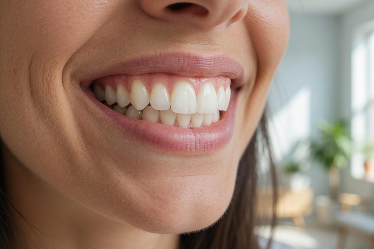 Sourire rapproché : le rebord rose de la gencive suit le collet des dents de devant