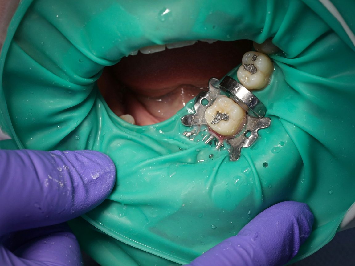 Champ en caoutchouc isolant une molaire pour coller un onlay