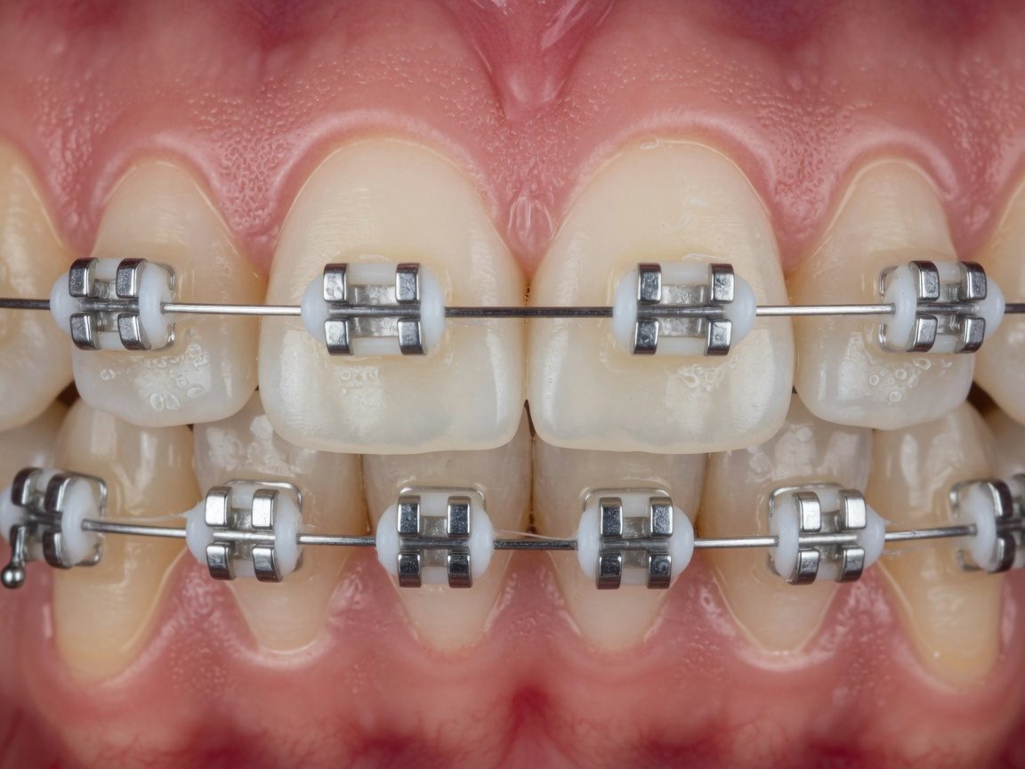 Bagues céramiques et fil métallique sur les dents de devant d'un adulte