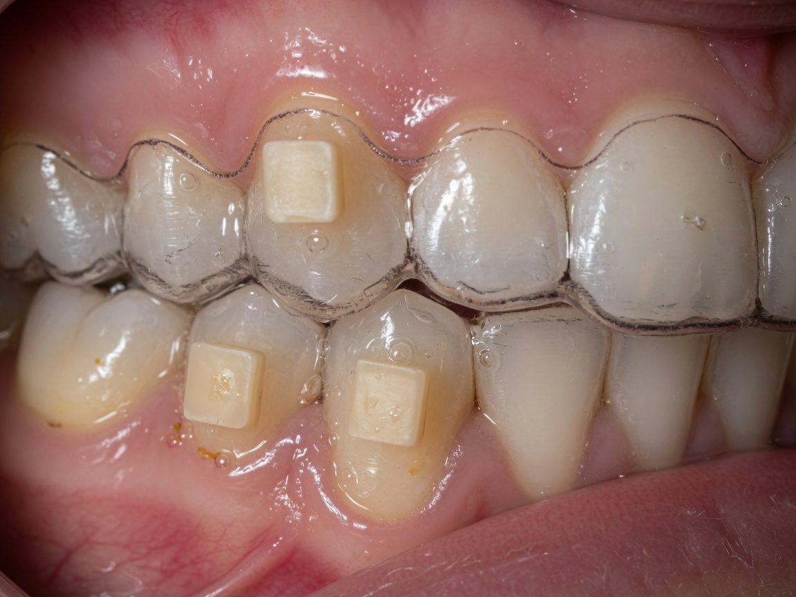 Gouttière transparente en place sur des dents d'adulte, avec des taquets en composite