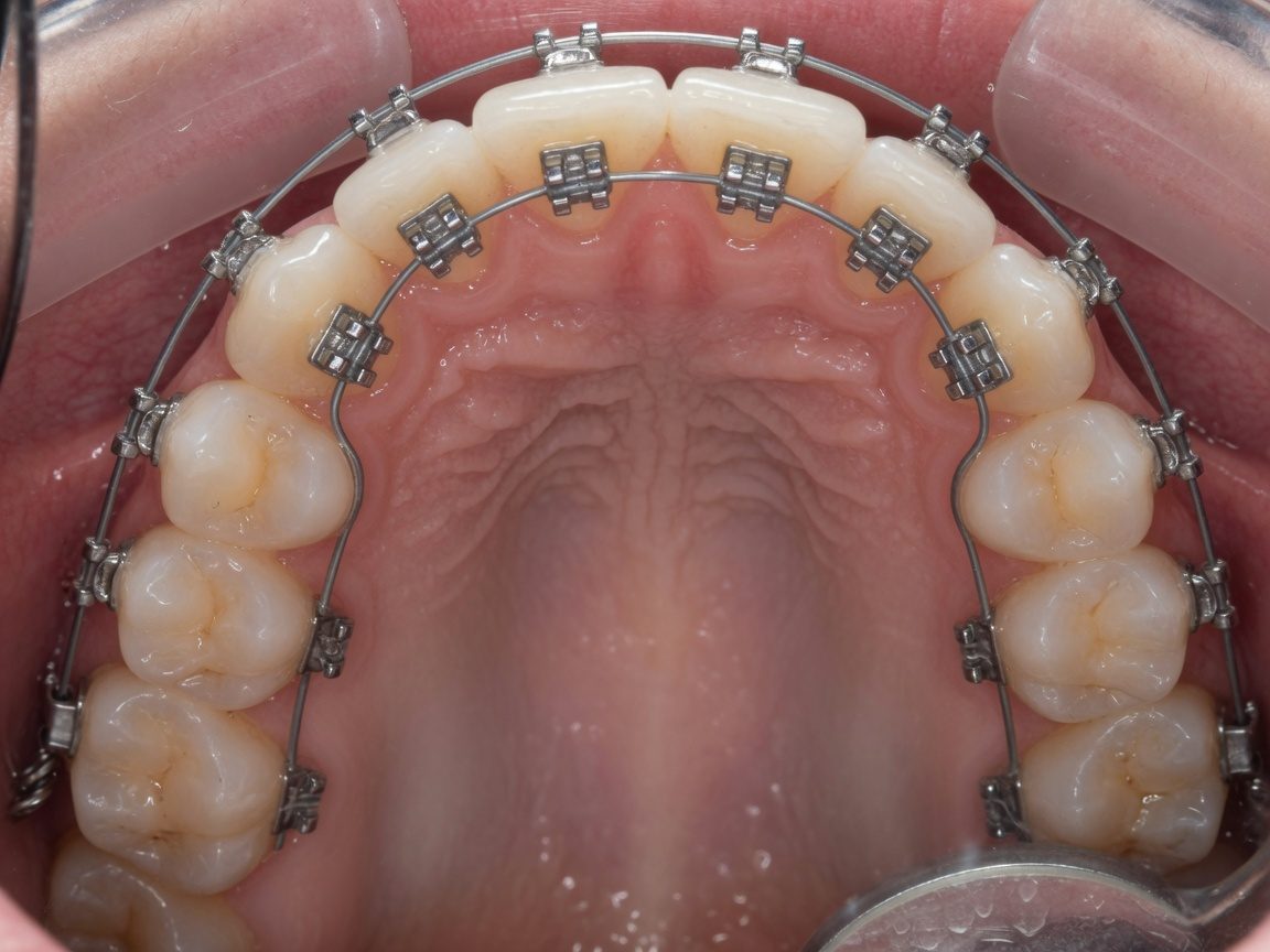 Appareil lingual collé sur la face interne des dents du haut, vue palatine