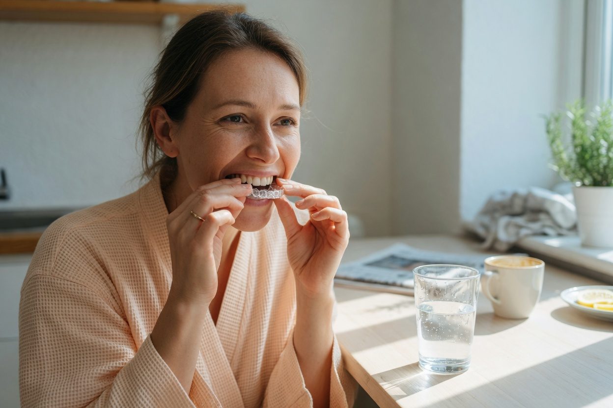 Adulte replaçant une gouttière transparente après un repas