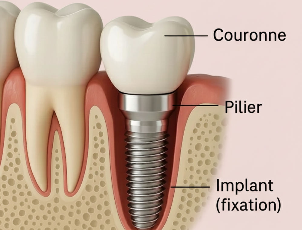 Schéma montrant les 3 parties d'un implant dentaire : l'implant, le pilier et la couronne.