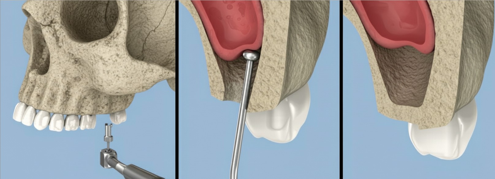 Schéma explicatif de l'intervention de Sinus Lift montrant le comblement osseux sous le sinus.