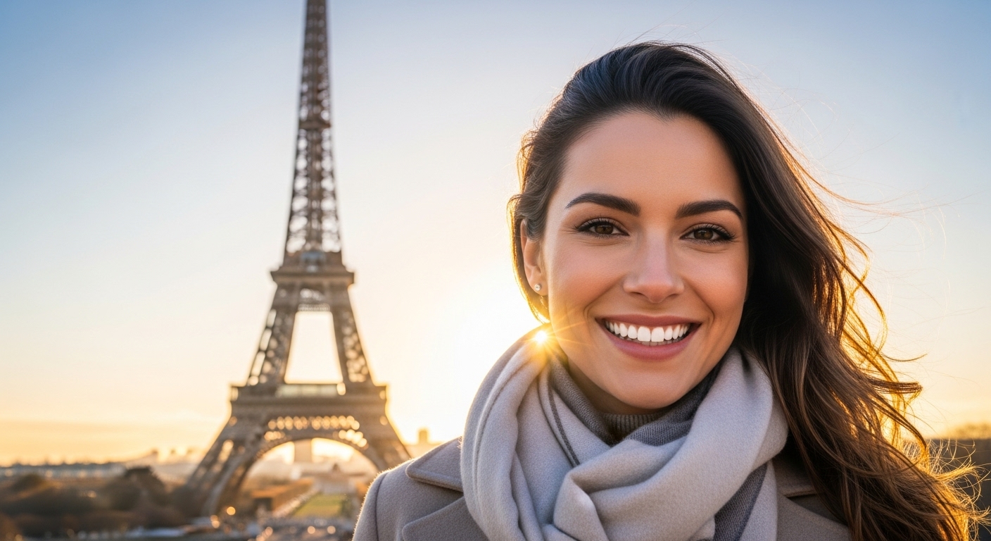 Sourire éclatant d'une femme avec la Tour Eiffel en arrière-plan, illustrant un traitement implantaire réussi à Paris.