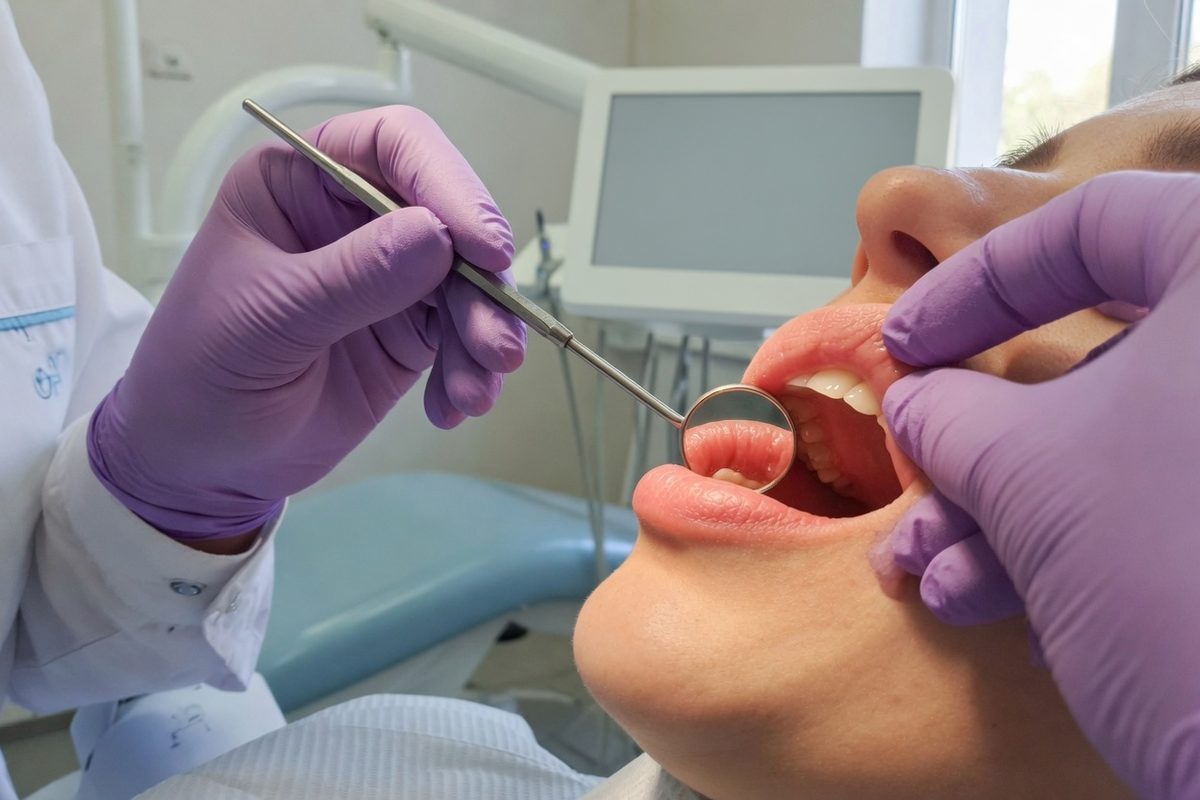 Examen buccal au miroir pendant une consultation