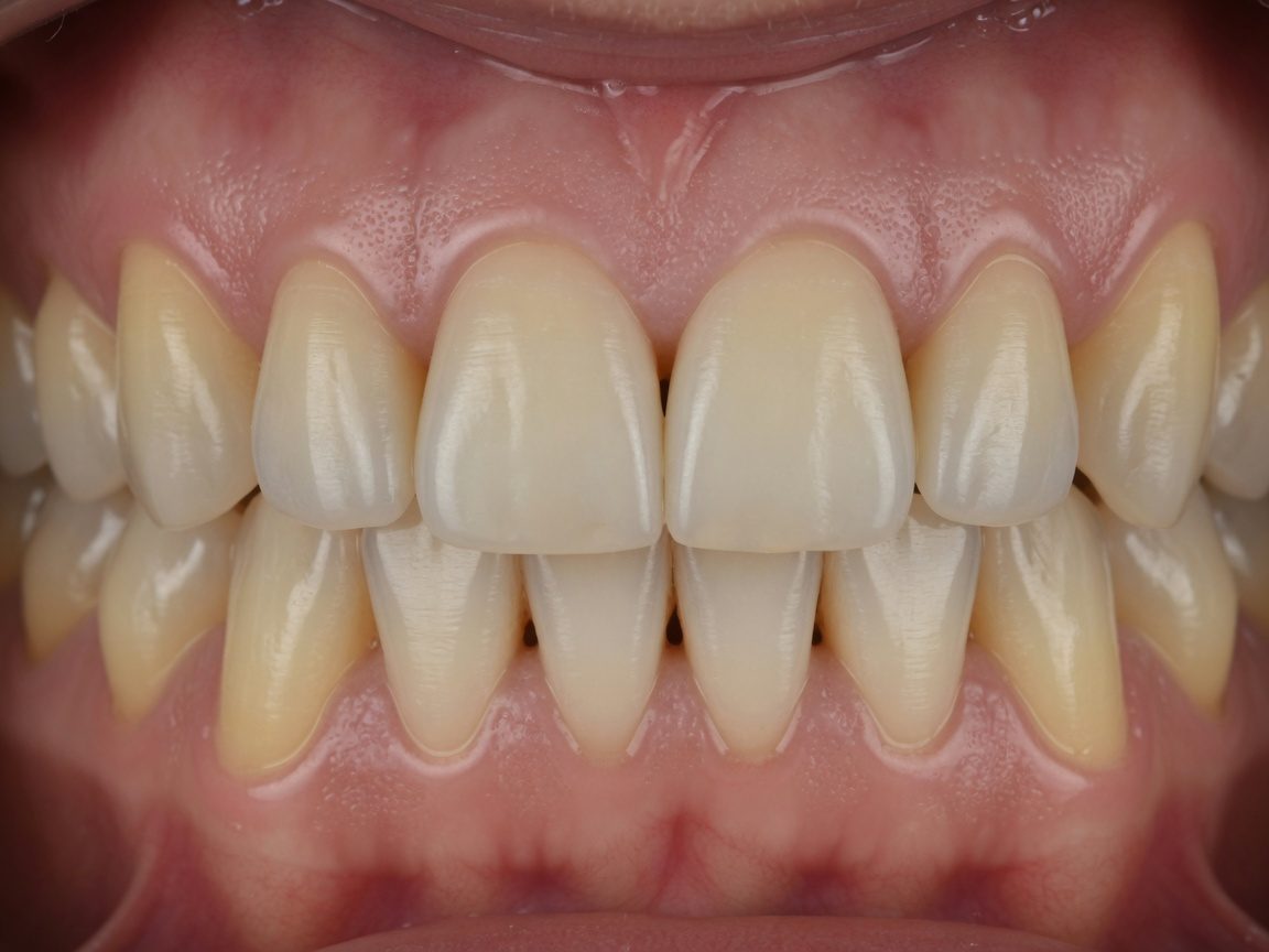 Gencives plus fermes après surfaçage, dents un peu plus longues, papilles rétractées