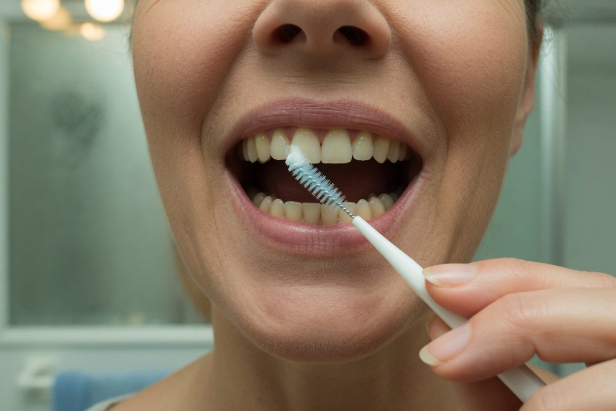 Utilisation d'une brossette interdentaire entre les dents du bas