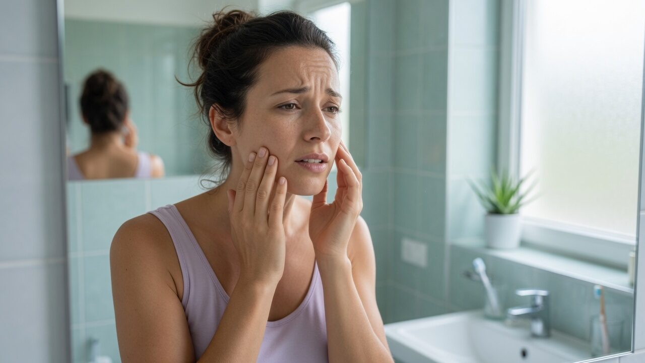 Adulte qui tient sa mâchoire, la bouche à peine ouverte